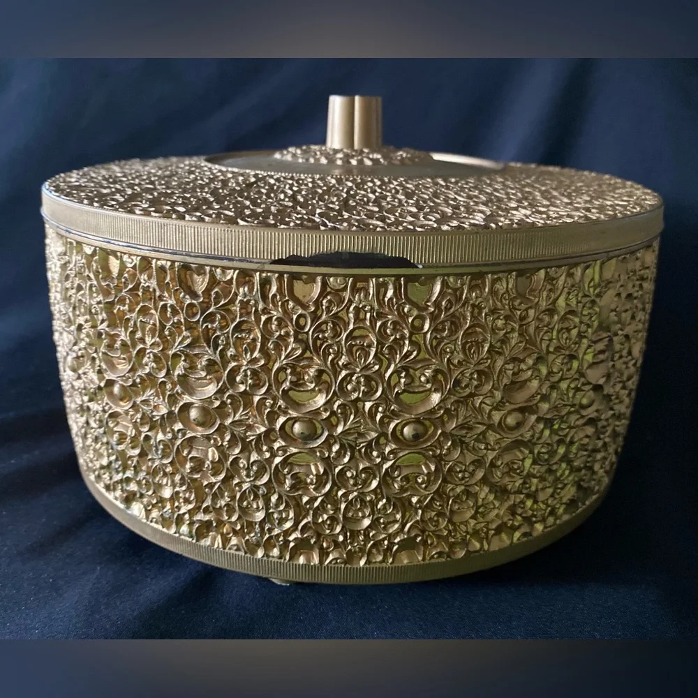 Vintage MCM Ornate Gold Hollywood Regency Round Lidded Storage Sewing Box